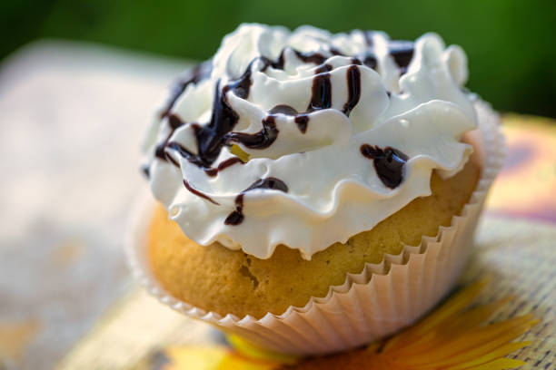 istock Homemade muffin with whipped cream and chocolate. 1221803239