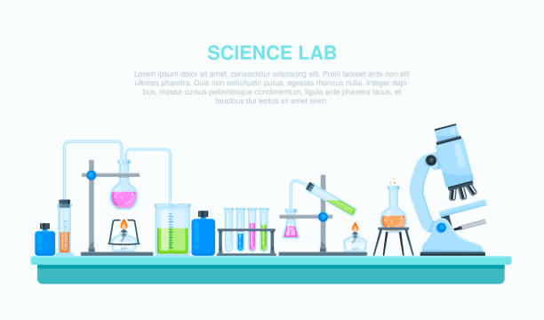 化学研究室と科学機器のテーマ。実験室で溶液とガラスフラスコをテストします。 - medical research backgrounds laboratory chemistry class点のイラスト素材／クリップアート素材／マンガ素材／アイコン素材