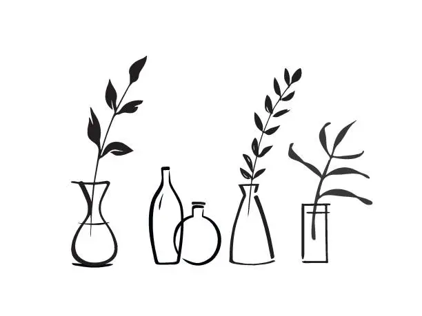 Vector illustration of Hand-drawn vases with plants.