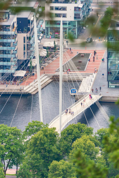 Footbridge Ypsilon in Drammen Footbridge Ypsilon in Drammen, Norway. Image framed by nature. Summer in Norway. østfold stock pictures, royalty-free photos & images