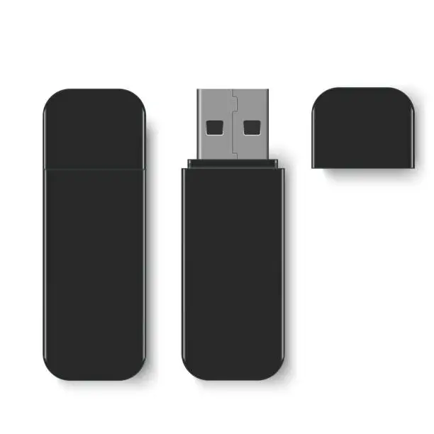 Vector illustration of Realistic flash drive mockup, open and closed. Vector.