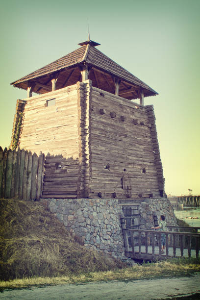 Zaporizhzhia, Ukraine - september 11: The historical complex Zaporizhzhya Sich on the island of Khortytsya. Toned photo in a retro style. The entry tower september 11, 2016 in Zaporizhzhia, Ukraine