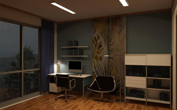 3d interior night time rendering of a working room in a flat with a big window by the side with interior artificial lightning. Scene looking from left upper corner.