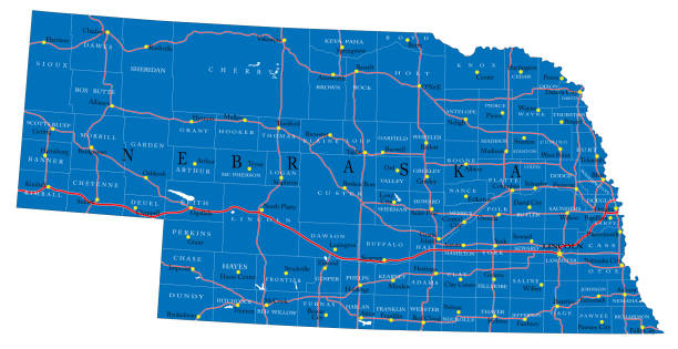 ilustraciones, imágenes clip art, dibujos animados e iconos de stock de mapa político del estado de nebraska - nebraska omaha nebraska map road