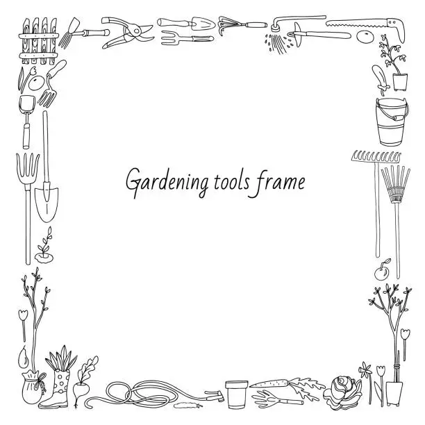 Vector illustration of Gardening square frame doodle.