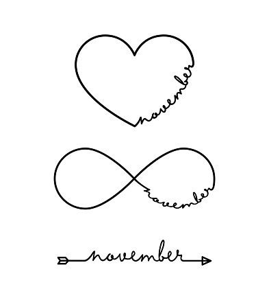 November - word with infinity symbol, hand drawn heart, one black arrow line. Repetition and unlimited cyclicity sign. Minimalistic drawing of phrase illustration