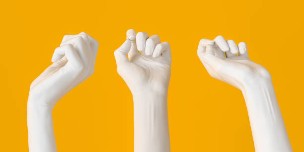 istock White elegant hand sculpture giving, holding, take or showing something gesture isolated on yellow background, 3d illustration, 1221812519