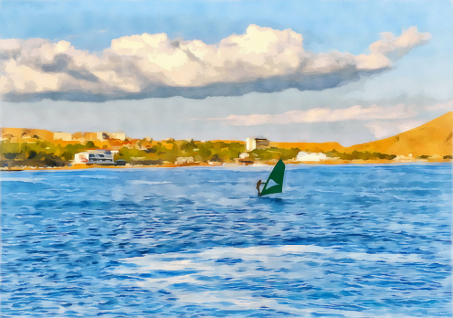 Digital painting. Drawing watercolor. Seascape. Man on a windsurf board. Water sports. Surfing with a sail. Active lifestyle. Digital painting - illustration.