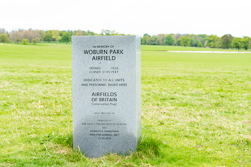 Woburn Park, England - May, 20019: The memorial plaque for the Royal Air Force former airfield at Woburn. The memorial is dedicated to the members of the air forces of the British Empire who were lost during World War II.