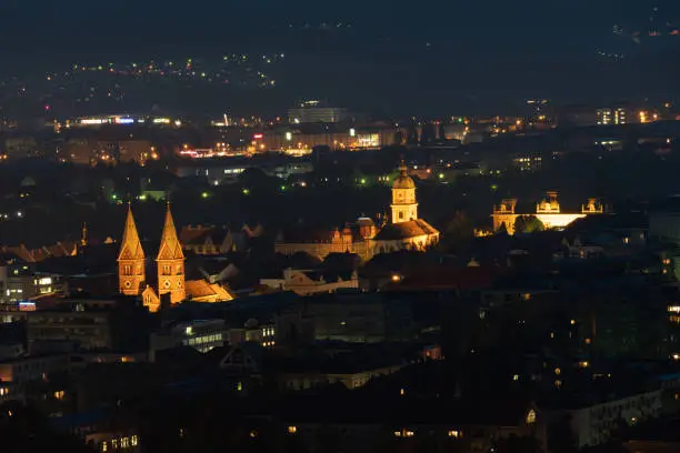 Nightshot of central area in Maribor city, Slovenia. Central area in Maribor, shot at night from a surrounding hilly area.