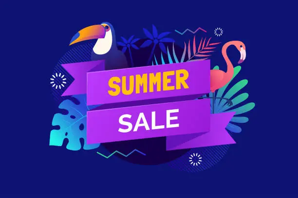 Vector illustration of Summer sale banner template. Text ribbon with leaves and tropical birds in neon colors. Hawaiian tropical poster. Promo badge for your seasonal design. Vector illustration.