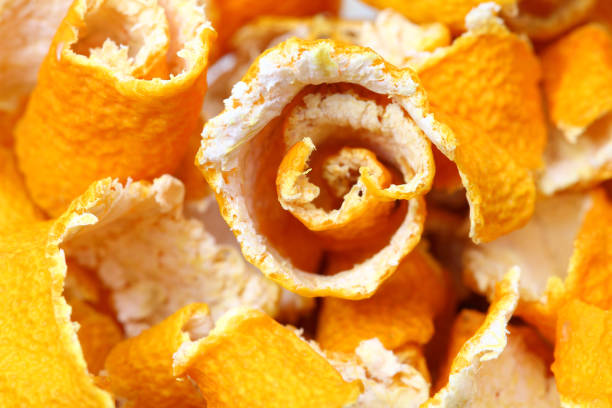 Tangerine rind or peel dry twisted in a spiral with a bokeh effect