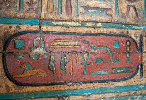 hieroglyphische schnitzereien an einer alten ägyptischen tempelmauer - esna stock-fotos und bilder