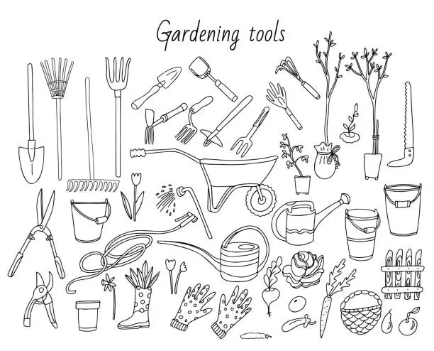 Vector illustration of Big set with gardening tools doodle.