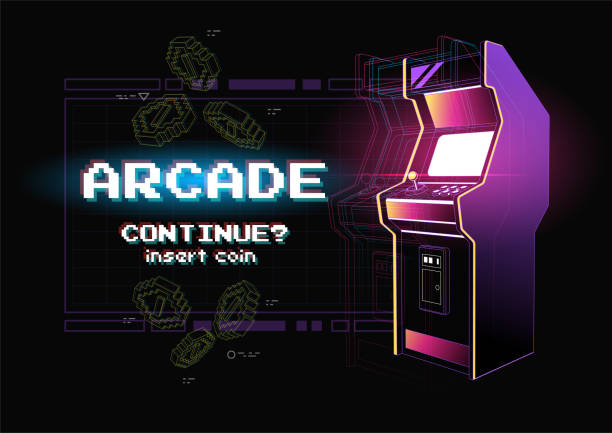 istock Neon illustration of Arcade game machine. Retro gaming, Game of 80s-90s. Technology and entertainment concept. Advertisement design. 1221821111