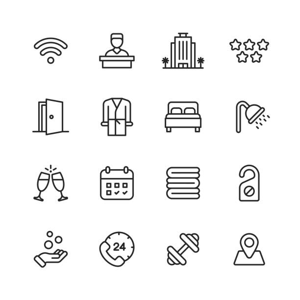 Hotel Line Icons. Editable Stroke. Pixel Perfect. For Mobile and Web. Contains such icons as Hotel, Receptionist, Wifi, Luxury Hotel, Five Stars, Bathrobe,  Double Bed, Shower, Towel, Booking, Gym, Fitness, Champagne, Do Not Disturb Sign, Calendar. 16 Hotel Outline Icons. hotel stock illustrations
