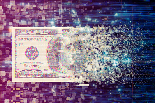 Money Transfer Pixelated dollar currency on technology background