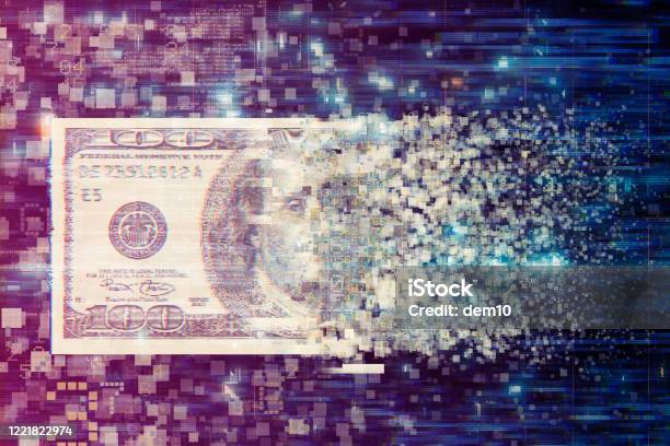 Money Transfer Pixelated Dollar Currency On Technology Background Stock Photo - Download Image Now