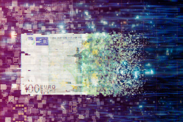 money transfer pixelated european union currency on technology background - european union euro note currency forex european union currency imagens e fotografias de stock