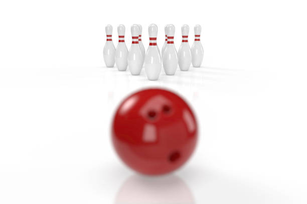 Miniature bowling, pins with ball on pink blue background