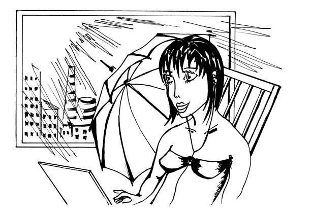 A girl sits by the window in a swimsuit with a laptop. Illusion. A girl sits by the window in a swimsuit with a laptop. Illusion. cartoon marker on paper. The topic is Freelance, working from home or chatting on social networks, spending holidays at home, working online and chatting with friends. small business saturday stock illustrations