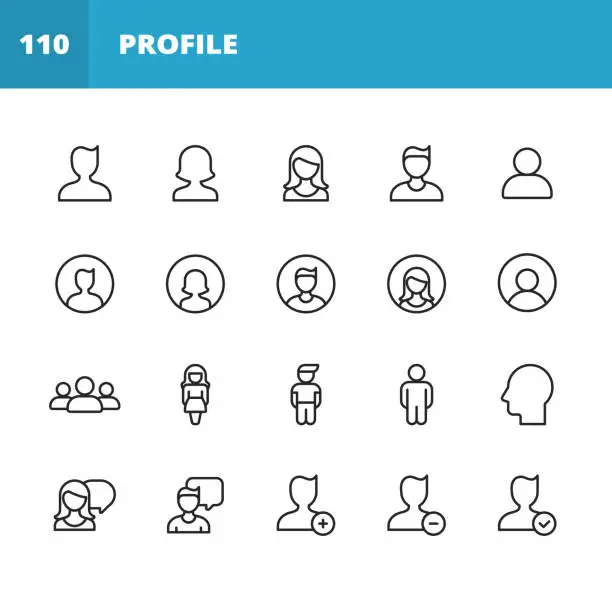 Vector illustration of Profile and User Line Icons. Editable Stroke. Pixel Perfect. For Mobile and Web. Contains such icons as Profile, User, Social Media, Member, Communication, Avatar, Customer Support, Human, Man, Woman, User Interface Design, Player, Meeting, Video.