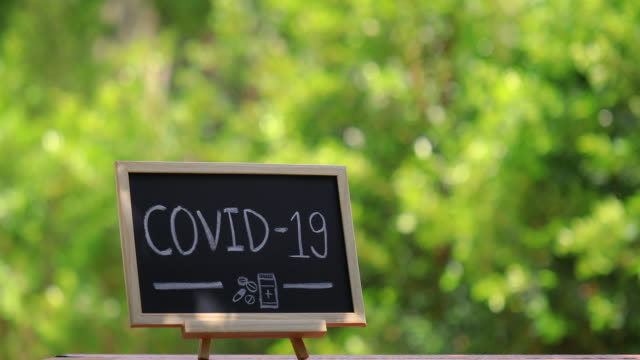 COVID-19 lettering on black chalkboard. Covid-19 coronavirus concept background.