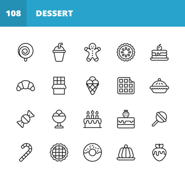 illustrations, cliparts, dessins animés et icônes de icônes de ligne de dessert. accident vasculaire cérébral modifiable. pixel parfait. pour mobile et web. contient des icônes telles que sweet, dessert, cake, cupcake, croissant, crème glacée, bonbons, chocolat, lollipop, gâteau d’anniversaire, frai - cake pie apple pie apple