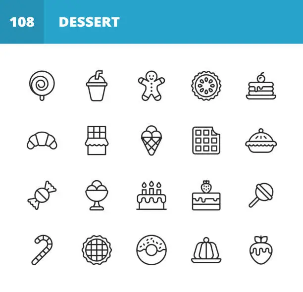 Vector illustration of Dessert Line Icons. Editable Stroke. Pixel Perfect. For Mobile and Web. Contains such icons as Sweet, Dessert, Cake, Cupcake, Croissant, Ice Cream, Candy, Chocolate, Lollipop, Birthday's Cake, Strawberry, Waffles, Cafe, Apple Pie, Doughnut.