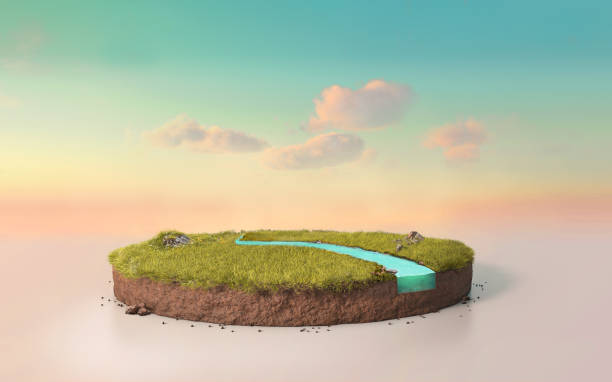 istock Fantasy 3D rendering circle podium grass field with river, surreal round soil cutaway isolated on pastel cyan dusk sky 1221828758