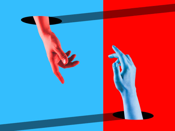 istock Bright painted hands touching by fingers. Contemporary art collage. 1221828788