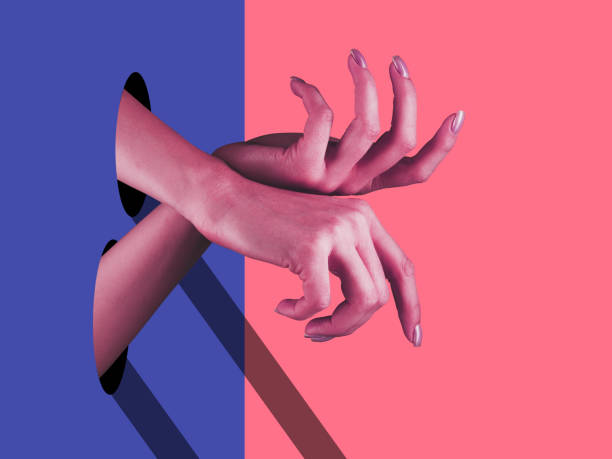 istock Bright painted hands touching by fingers. Contemporary art collage. 1221828791