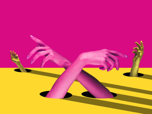 Attention. Bright painted human hands touching by fingers. Contemporary art collage. Modern design work in vibrant trendy colors. Stylish and fashionable composition, youth culture. Copyspace.