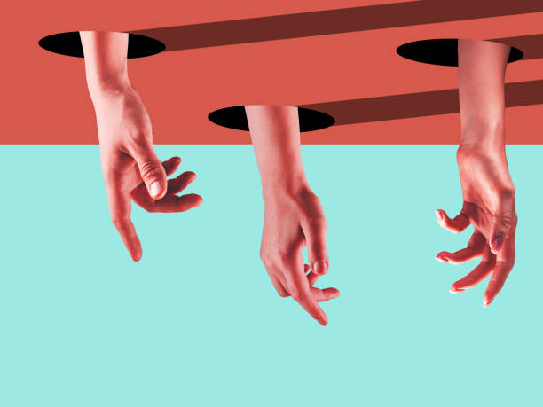 istock Bright painted hands touching by fingers. Contemporary art collage. 1221828799