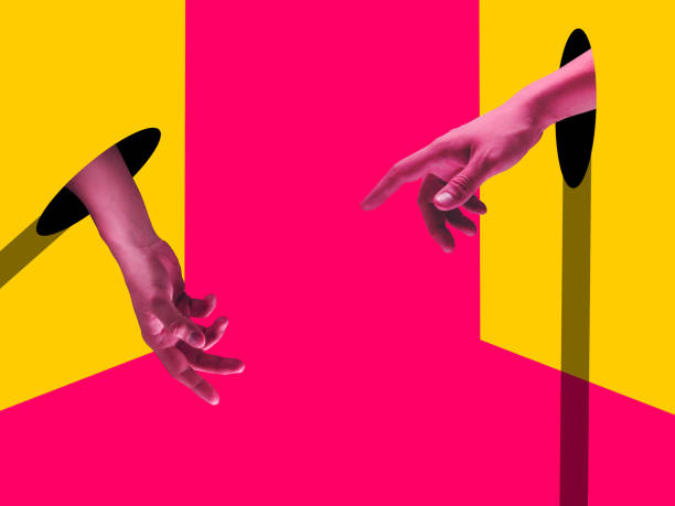 istock Bright painted hands touching by fingers. Contemporary art collage. 1221828802