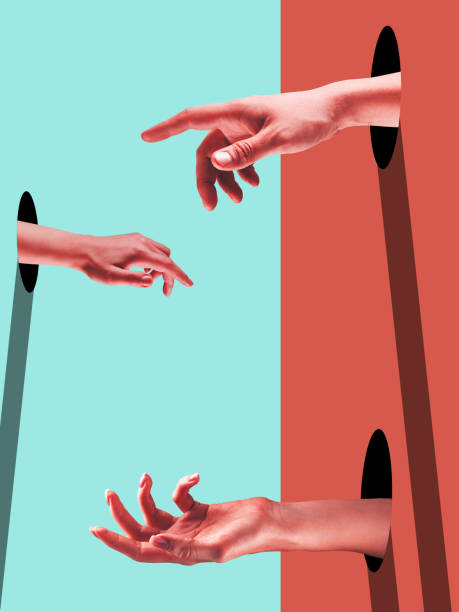 istock Bright painted hands touching by fingers. Contemporary art collage. 1221828803