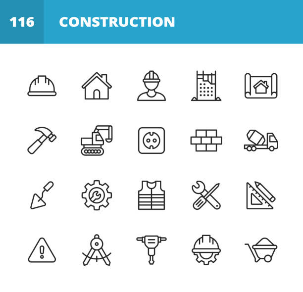 ilustrações de stock, clip art, desenhos animados e ícones de construction line icons. editable stroke. pixel perfect. for mobile and web. contains such icons as construction, repair, renovation, blueprint, helmet, hammer, brick, work tools, spatula, warning sign, bulldozer, drill, cement, digging, wrench, ruler. - safety sign protective workwear factory