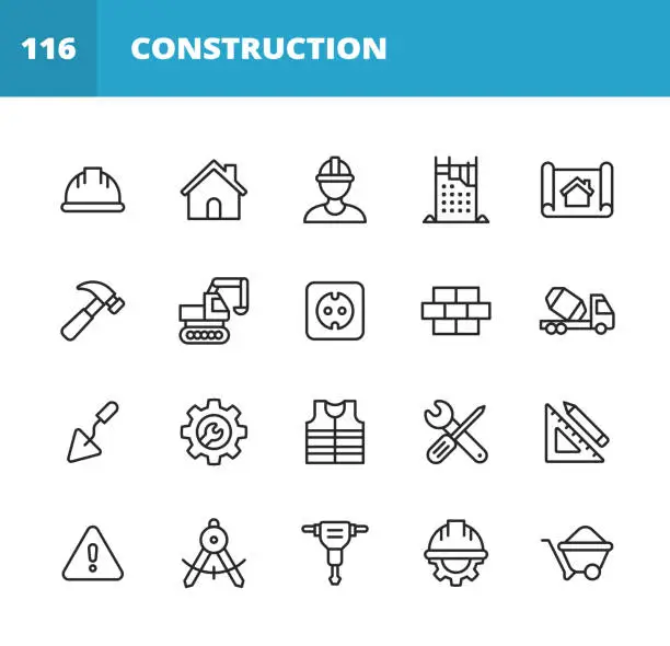 Vector illustration of Construction Line Icons. Editable Stroke. Pixel Perfect. For Mobile and Web. Contains such icons as Construction, Repair, Renovation, Blueprint, Helmet, Hammer, Brick, Work Tools, Spatula, Warning Sign, Bulldozer, Drill, Cement, Digging, Wrench, Ruler.