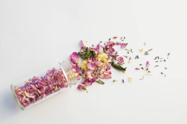 botella de vidrio con mezcla seca de flores en blanco - flores secas fotografías e imágenes de stock