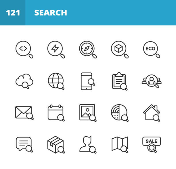иконки строки поиска. редактируемый ход. пиксель совершенный. для мобильных устройств и интернета. содержит такие значки, как поиск, seo, увел - focus globe magnifying glass glass stock illustrations