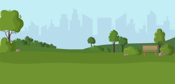 Cartoon scenery or green park outdoor Cartoon scenery or green park - nature outdoor green place with trees, stones, bushes and lawn, city view on background, cute square in town - vector illustration for banner walking backgrounds stock illustrations