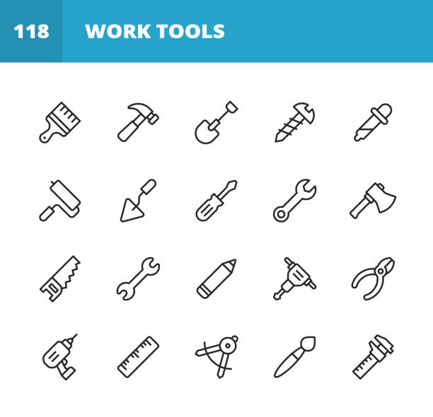 иконки линии рабочих инструментов. редактируемый ход. пиксель совершенный. для мобильных устройств и интернета. содержит такие значки, как  - construction computer icon symbol paintbrush stock illustrations