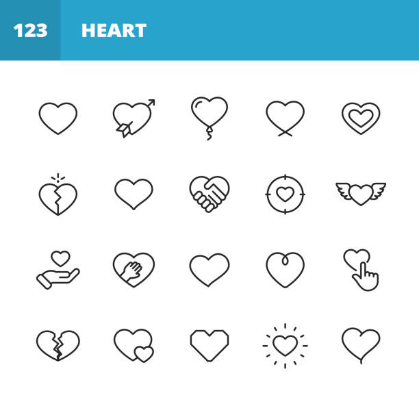 Heart and Love Line Icons. Editable Stroke. Pixel Perfect. For Mobile and Web. Contains such icons as Heart, Love, Emotion, Relationship, Marriage, Wedding, Parenting, Family, Broken Heart, Dating, Happiness, Pulse Trace, Valentine's Day, Romance. 20 Heart and Love Outline Icons. heart icon stock illustrations