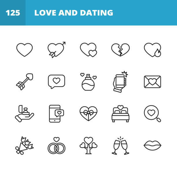 愛とデートのアイコン。編集可能なストローク。ピクセルパーフェクト。モバイルとウェブ用。ハート、愛、感情、ベッド、シャンパン、花、結婚式、婚約指輪、唇、カード、関係、香水、� - foundation bed点のイラスト素材／クリップアート素材／マンガ素材／アイコン素材