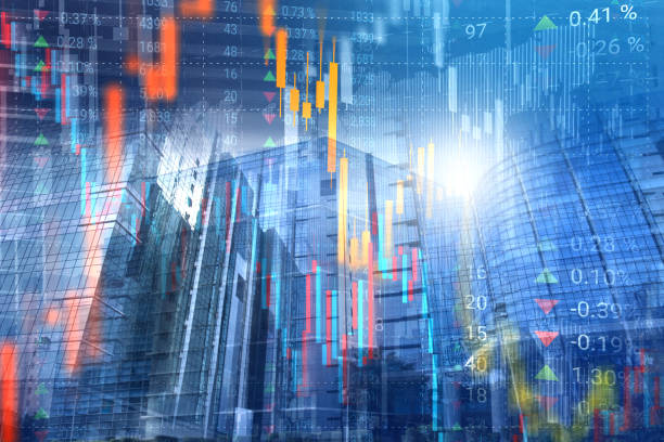 istock Virtual interface of stock market data on skyline background 1221836787