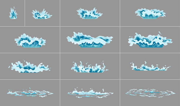 스프라이트 워터 스플래시 애니메이션. 투명 한 배경에 충격 파. 스프레이 모션, 스패터 폭발, 물방울. 게임, 비디오 및 만화에서 플래시 애니메이션을위한 맑은 물 프레임 - flowing water flash stock illustrations