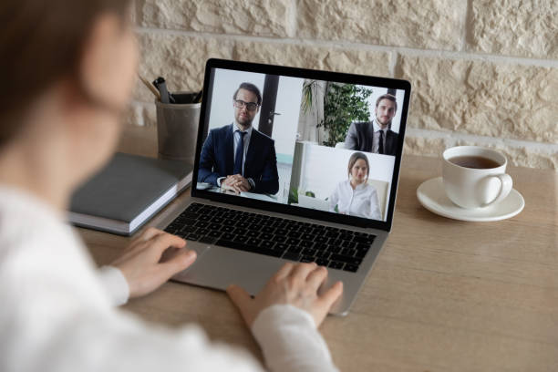 istock Businesswoman have webcam conference with diverse colleagues 1221837407