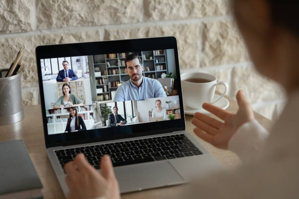 istock Businesspeople have online webcam conference discussing ideas 1221837409