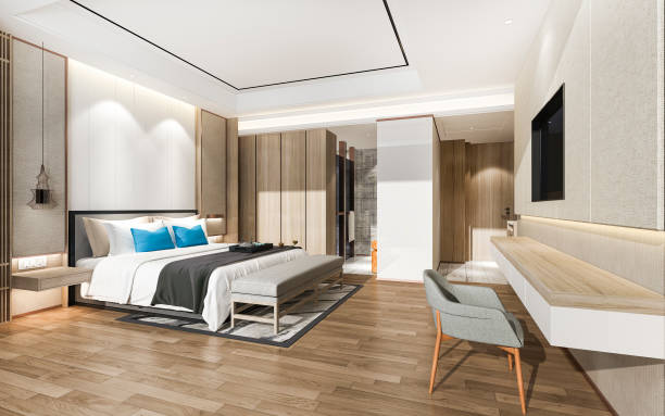 istock 3d rendering modern blue luxury bedroom suite and bathroom 1221837460