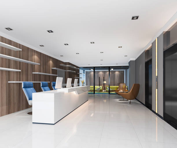istock 3d rendering modern luxury hotel and office reception and lounge with blue decor 1221837462